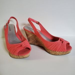 Coral Peep Toe Slingback Wedges